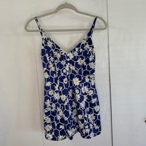 50s 60s Swim Dress Blue Floral w Adjustable Straps